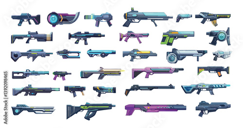 Cartoon futuristic weapon. Handguns blasters pistols rifles submachine rail guns sniper bullet laser assault ammunition firearms for warfare, arcade game assets isolated vector illustrations