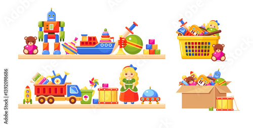 Cute icons set of kids toys. Baby bear, car, robot, ball and doll on store shelf. Shop basket with gifts for child. Icon of donation box with toys for toddlers and infants, vector cartoon illustration