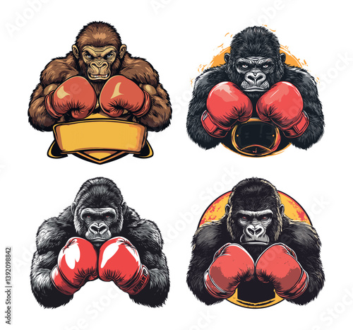 Cartoon gorilla boxer. Furious strong ape in ready to fight pose with red gloves, silver back monkey martial arts fighter brawler, club logo emblems, isolated vector illustrations