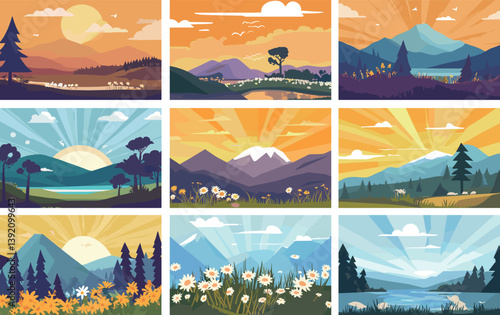 Cartoon landscapes. Nature scenes with mountains sunshine ponds lakes forest and lawns, pines trees wilderness horizons rural scenery, isolated vector illustrations