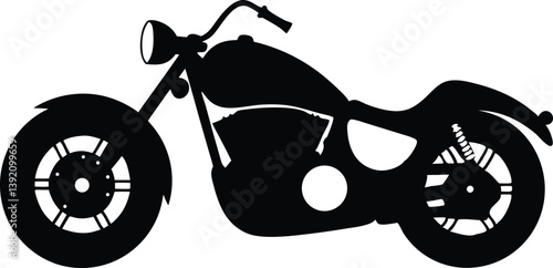 A vector illustration of a black cruiser motorcycle silhouette. The motorcycle should have a low profile, a visible headlight
