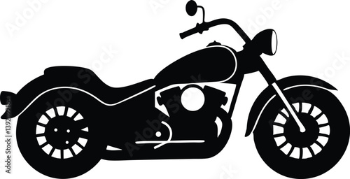 A vector illustration of a black cruiser motorcycle silhouette. The motorcycle should have a low profile, a visible headlight
