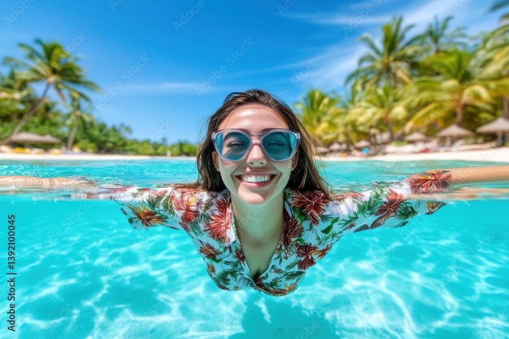 Fototapeta premium Woman swimming in turquoise tropical water, smiling with sunglasses, split-level shot, tropical beach, white sand, palm trees.