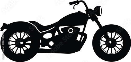 A vector illustration of a black cruiser motorcycle silhouette. The motorcycle should have a low profile, a visible headlight