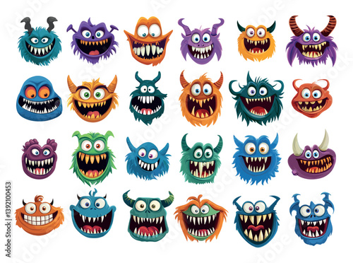 Cartoon monster faces. Tiny little beast with fangs horns and big eyes, angry horror fiend demons funny nightmare ghoul creatures, isolated vector illustrations