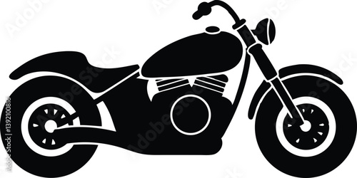 A vector illustration of a black cruiser motorcycle silhouette. The motorcycle should have a low profile, a visible headlight