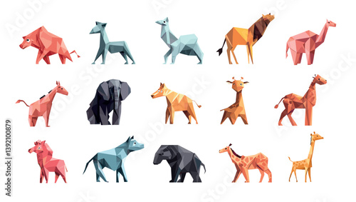 Cartoon origami paper animals. Elephant camel giraffe donkey wolf lion cub polygonal wildlife predator and hoofed creatures, savannah jungle dwellers, isolated vector illustrations