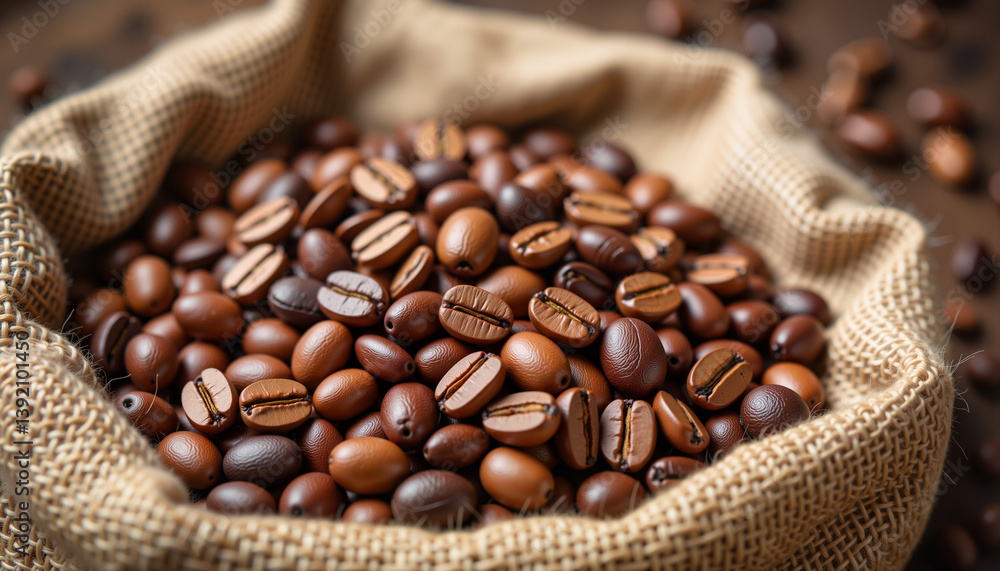 Fototapeta premium Coffee Beans on Burlap Sack, Earthy Tones, Rustic Mood