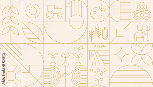 Agriculture abstract modern line geometric pattern. Vector eco farming and green energy background with linear plants, sprouts and leaves, water waves, flowers, light bulb and sun, windmill or tree.