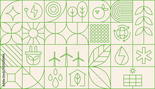 Environment nature abstract modern geometric pattern. Vector green eco-friendly grid ornament with environmental sustainability icons. Plants, trees, water droplets, recycling symbols, leaves, globe.