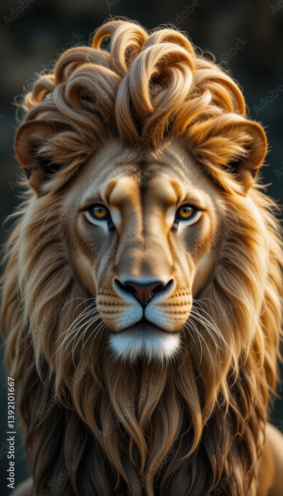 Naklejka premium Close-up of a Magnificent Male Lion's Face and Mane