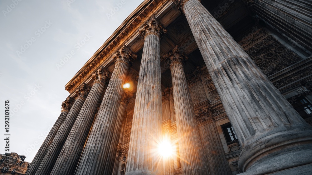 Obraz premium Grand building's columns at sunset, low angle view, ideal for architectural projects