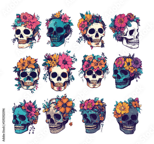 Cartoon skulls with flowers. Cranial human bone dead skeleton head remains with blossom leaves botany flora on the top, isolated vector illustrations