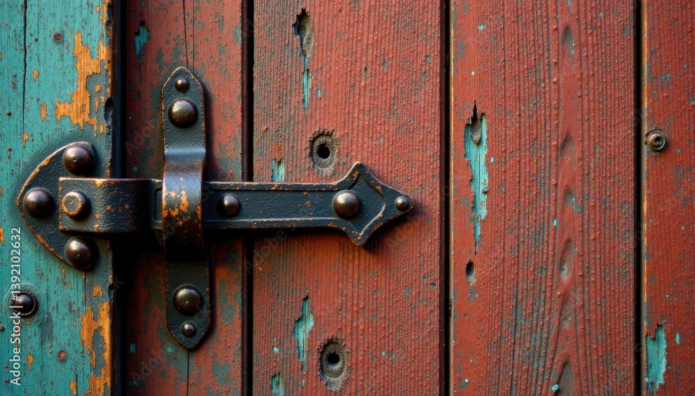 Worn wooden door with weathered metal hinges and rusty lock, vintage, grunge Worn wooden door with weathered metal hinges and rusty lock, vintage, grunge