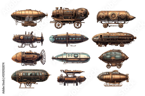 Cartoon steampunk vehicles. Airships aircraft submarines ships and cars, steam engines machines retro machinery victorian futuristic transport, isolated vector illustrations