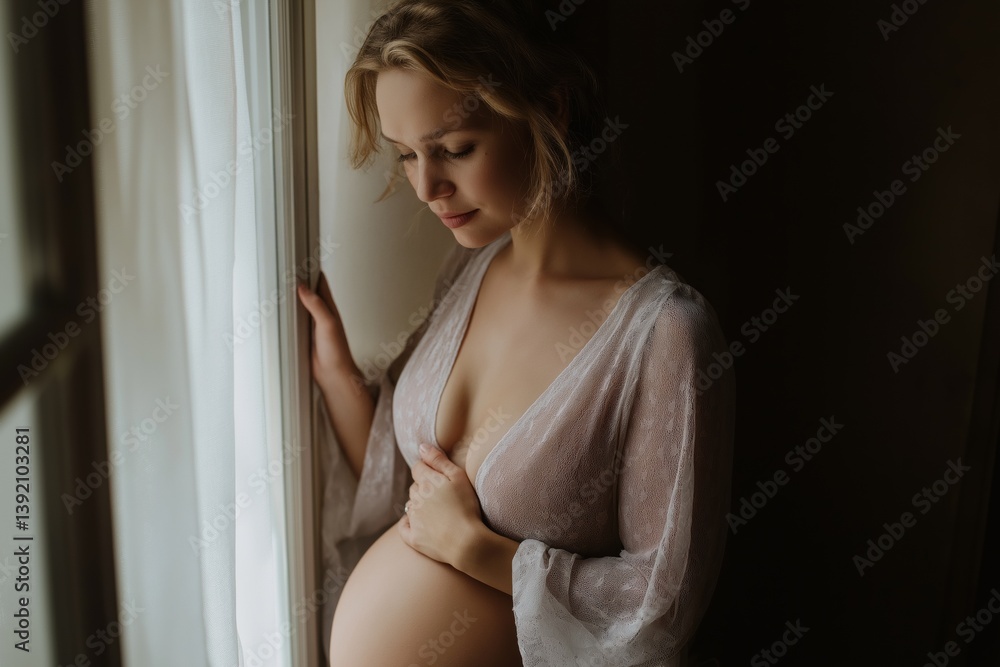Naklejka premium A pregnant woman is looking out the window. She is wearing a white gown and has a baby bump