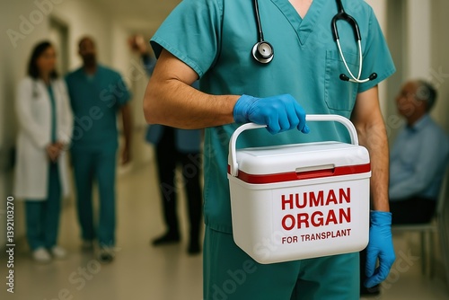 Doctor carrying a cooler box for organ transport doctor ensures swift and safe organ transport using specialized cooler box, optimizing life-saving medical procedures