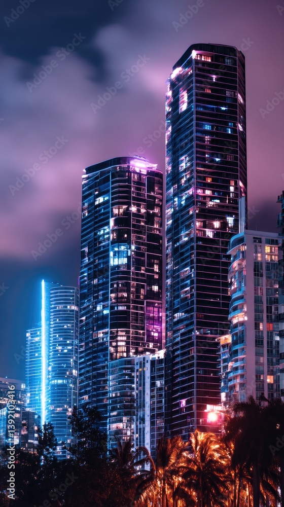 Naklejka premium Illuminated skyscrapers at night, city skyline view, urban landscape