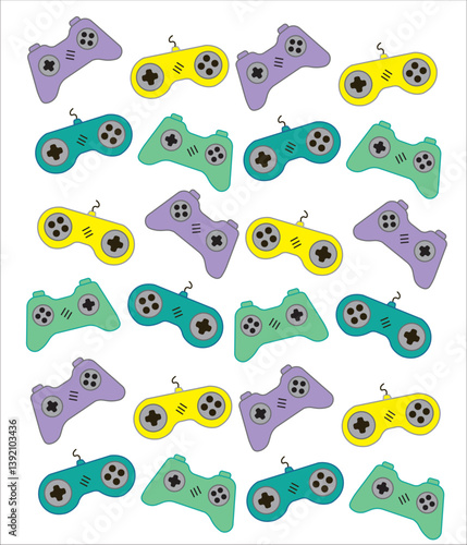 Vector illustrations of retro gaming devices including joystick, handheld consoles, gamepads and digital pets