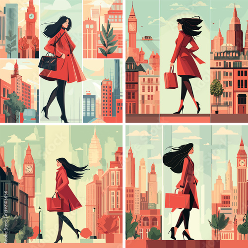 Cartoon woman traveling concepts. Modern fashion lady in red coat travels around world, model girl urban cityscapes adventures trips isolated vector posters