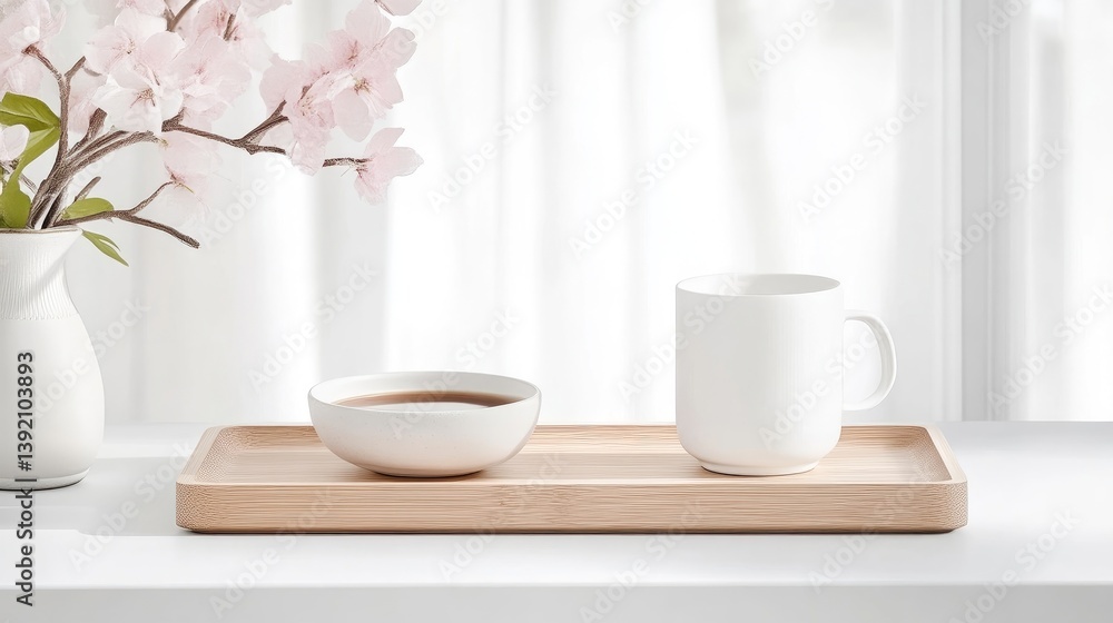 A white ceramic cup and bowl on a wooden tray placed on a minimalist white table, with soft pink cherry blossoms in the background, and serene morning setting. A white ceramic cup and bowl on a wooden tray placed on a minimalist white table, with soft pink cherry blossoms in the background, and serene morning setting.