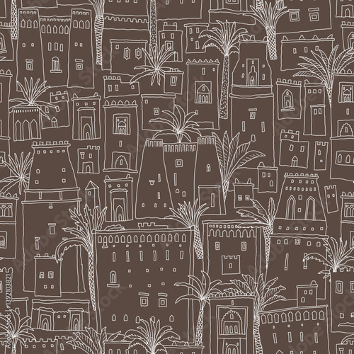 Seamless pattern of urban landscape, palm trees, fairy tale oriental castles and houses. White doodle contour on a brown background