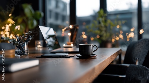 Laptop, coffee, notebook on desk in cozy office space with city view
