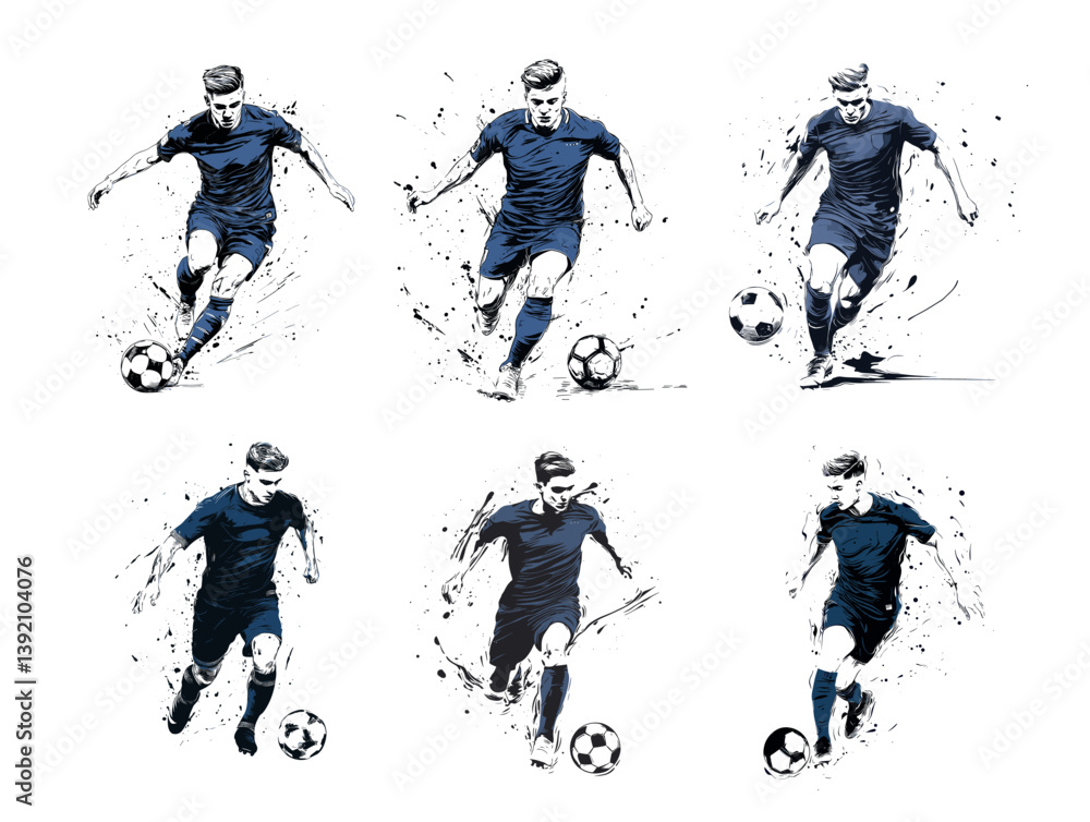 Obraz premium Color ink sketch soccer player. Sport football man team member midfielder dribbling ball running active pose dynamic striker defender character, isolated vector illustrations on white
