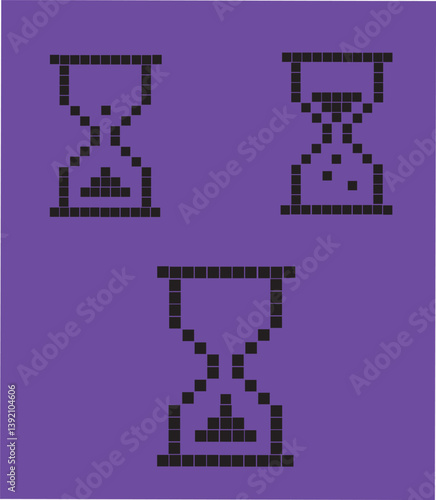 Pixel art vector icons of loading symbols and hourglasses in retro 8-bit style