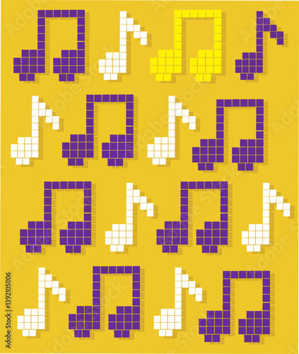 Vector set of pixel art music icons with notes, instruments and audio symbols. 8-bit retro pixel vector art