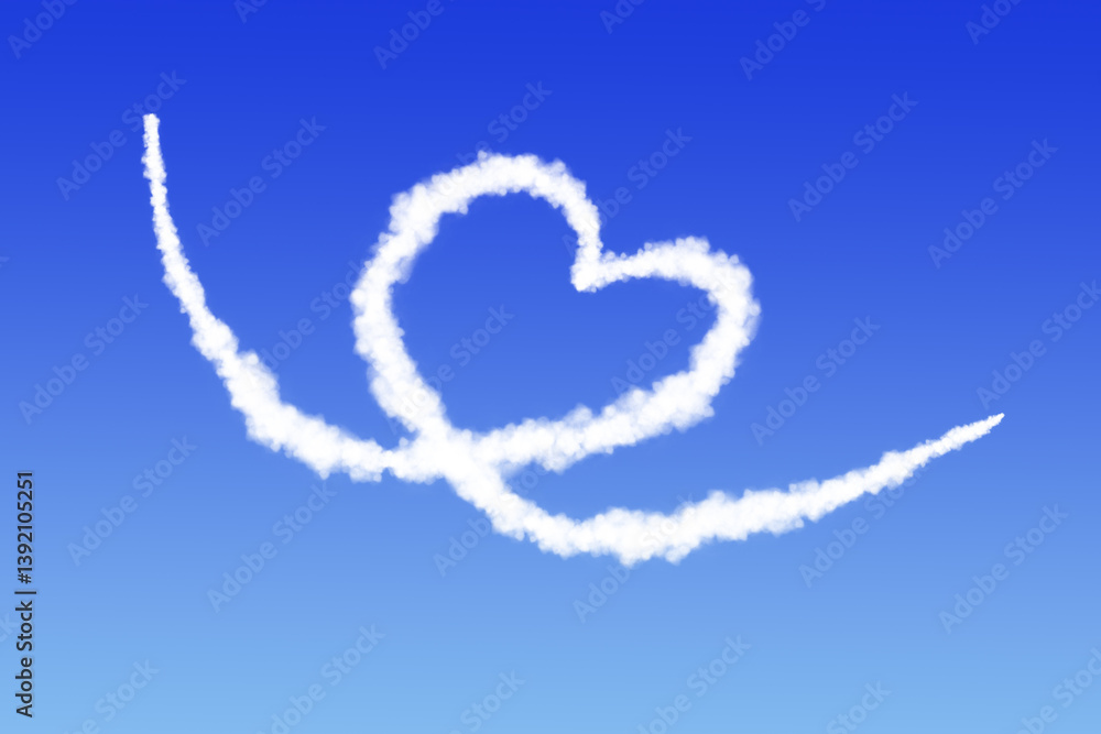 Naklejka premium heart shaped cloud on clear blue background. airplane trail in the form of white heart outline