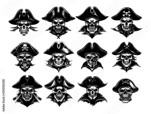 Engraving pirate skull wearing hat. Human bone dead head jolly roger, corsair cranium rogue privateer avatar, maritime outlaw freebooter raider, isolated illustration on white backdrop
