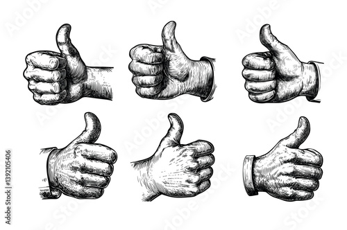 Engraving shows like gesture. Hand ok symbol, make a thumb up social media networks positive sign, black ink sketches isolated vectors on white background
