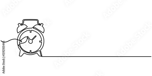 Single one line drawing alarm clock which has a picture of a cloudy crescent moon and a picture of a cloudy sun. Circadian rhythm. Biological Clock Day. Continuous line design graphic illustration. 