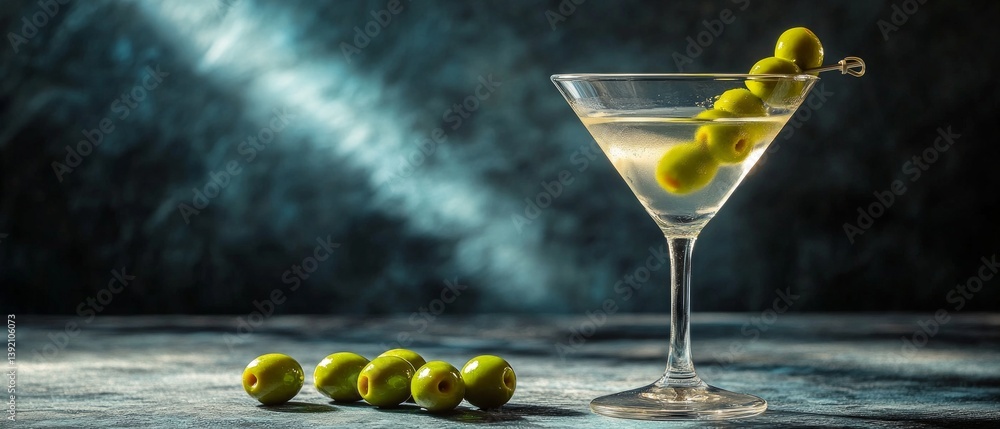Martini with olives on dark background illuminated by soft light. Suitable for bar advertising, articles about cocktails.