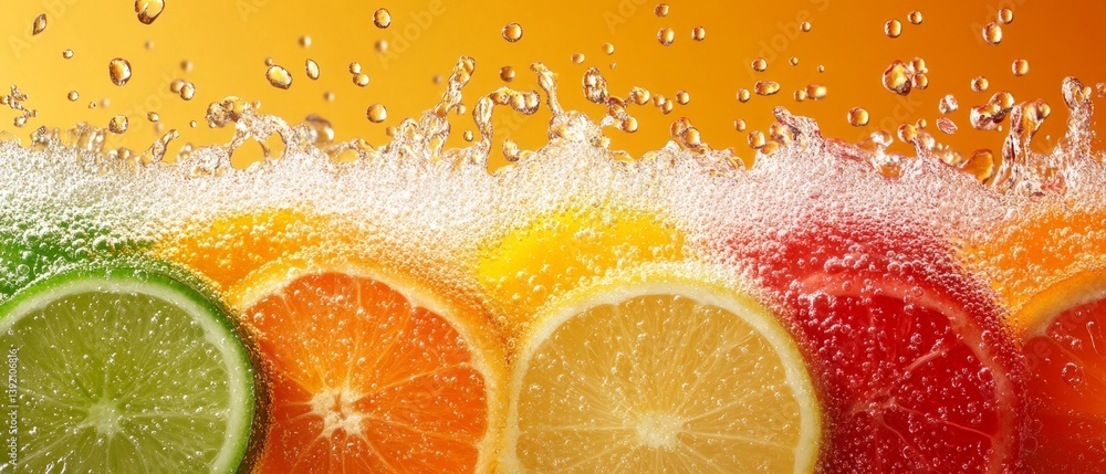 Bright citrus fruits in water with bubbles, creating a refreshing and juicy visual effect. Suitable for beverage advertising, packaging design, culinary blogs.