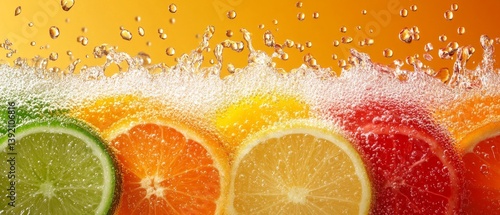 Obraz na płótnie Bright citrus fruits in water with bubbles, creating a refreshing and juicy visual effect. Suitable for beverage advertising, packaging design, culinary blogs. w salonie