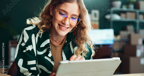 Konstfotografi Happy, online shop and woman in logistics with tablet for package tracking, dropshipping or courier service