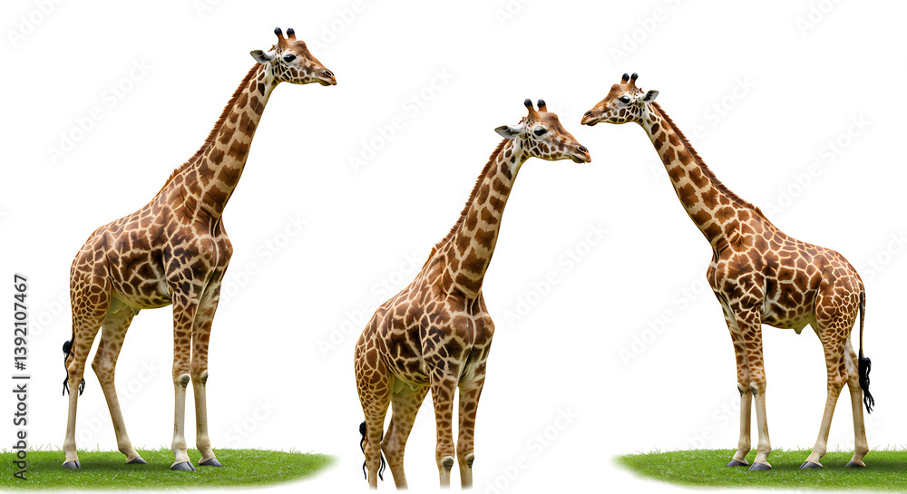 Obraz premium giraffes, wildlife, giraffe family, tranquil moment, spotted coat, isolatedTranqu giraffes sharing a graceful family moment, their distinctive spotted coat highlighted against an isolated white back
