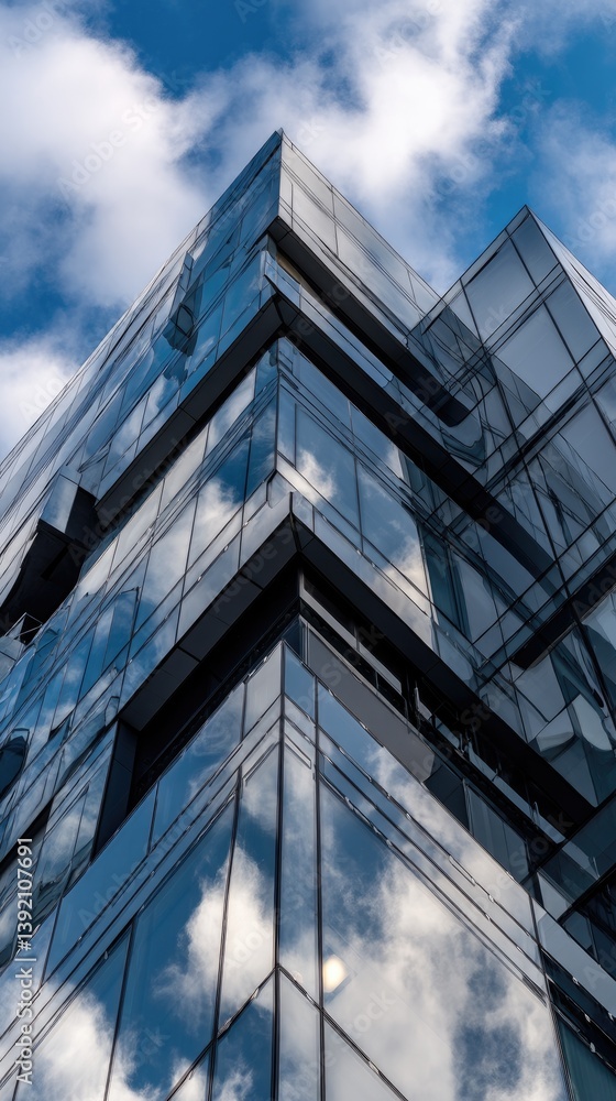 Obraz premium Modern glass skyscraper corner reflecting clouds on a sunny day