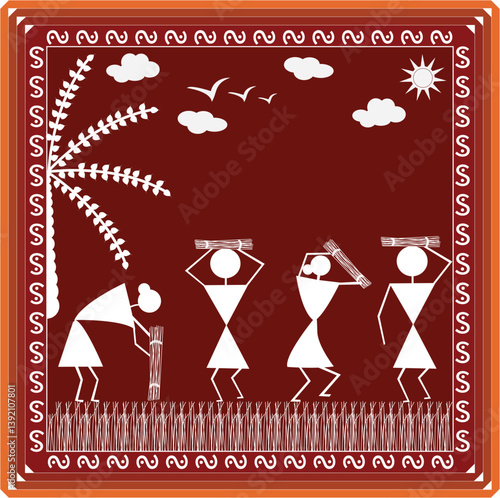 Indian Tribal Art rural work farmers working in farm