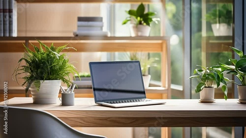 Wallpaper Mural Working space in the office. Laptop on the table, green plant and booking shelf on the background Torontodigital.ca
