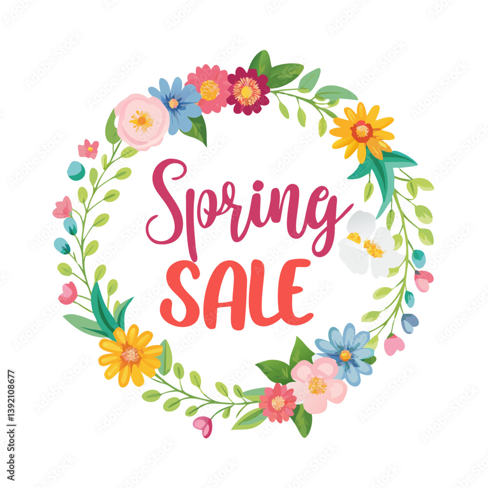 Floral wreath spring sale sign with bold red lettering Floral wreath spring sale sign with bold red lettering