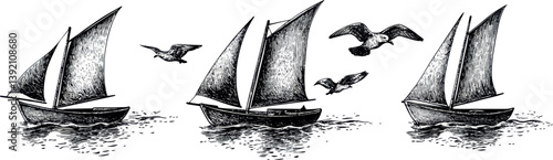 This design features a hand-drawn, vintage-style engraving of a sailboat at sea, evoking a sense of summer adventure and active vacation, with a focus on seagoing vessels, marine ships, or nautical