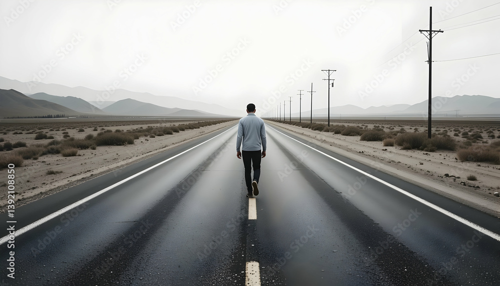 Fototapeta premium Man Walking Alone on an Open Desert Road Under Cloudy Sky