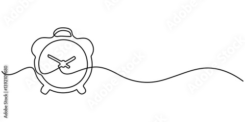 Single one line drawing alarm clock which has a picture of a cloudy crescent moon and a picture of a cloudy sun. Circadian rhythm. Biological Clock Day. Continuous line design graphic illustration. 