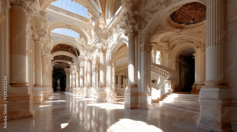 Fototapeta premium Ornate palace hallway with marble floor, columns, arches, and natural light