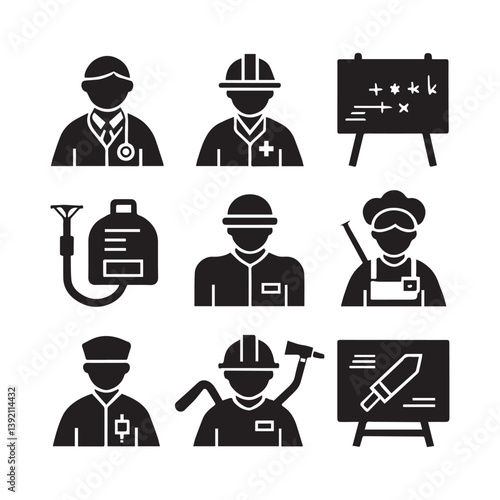 A set of 10 vector silhouette icons representing various professions. 