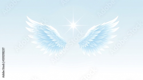 Soft glowing angel wings with radiant light beams, set against a pale blue-white gradient. Minimalist and symbolic, with clean space for Ascension Day message.