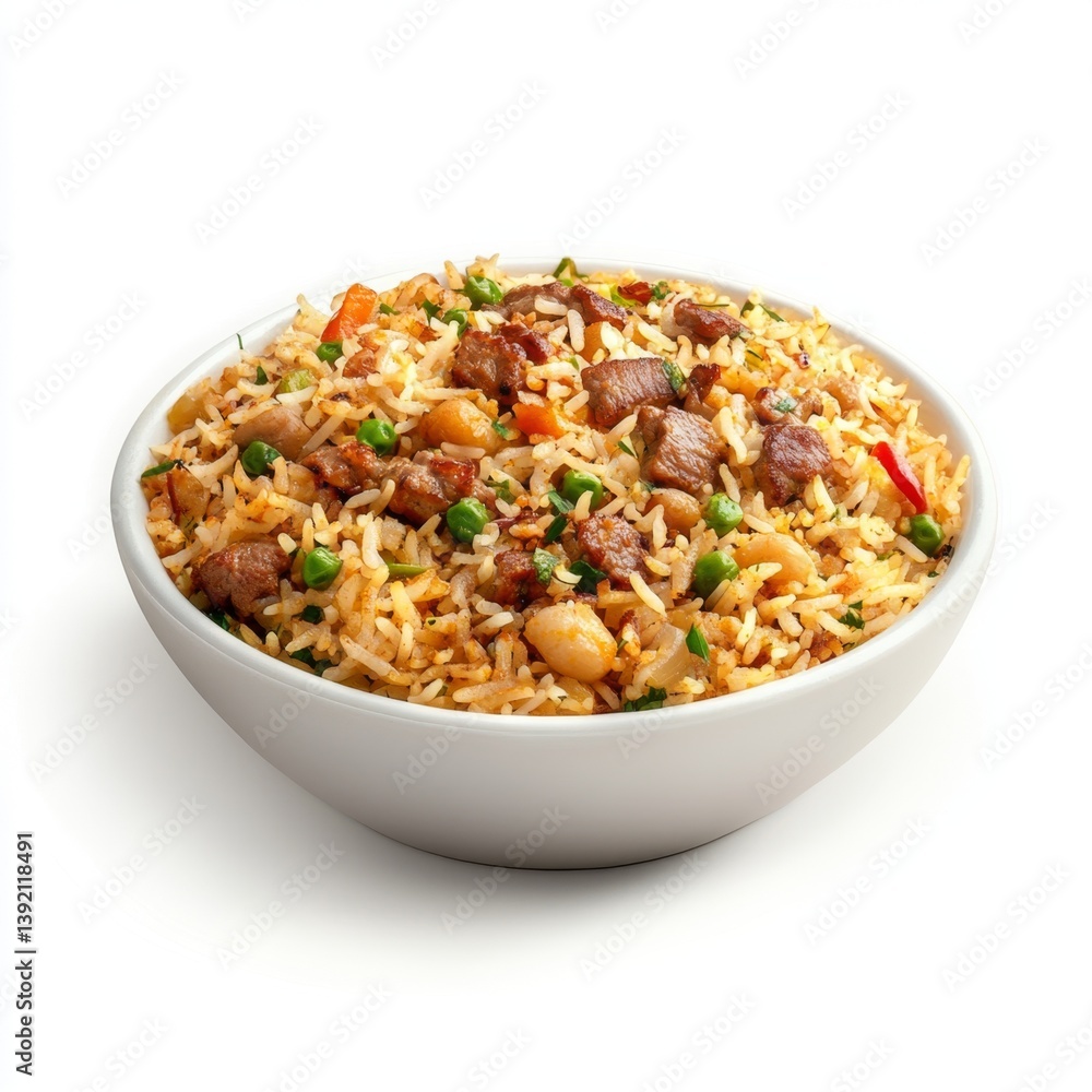 Delicious bowl of mixed rice with meat and vegetables, studio shot, isolated on white Delicious bowl of mixed rice with meat and vegetables, studio shot, isolated on white